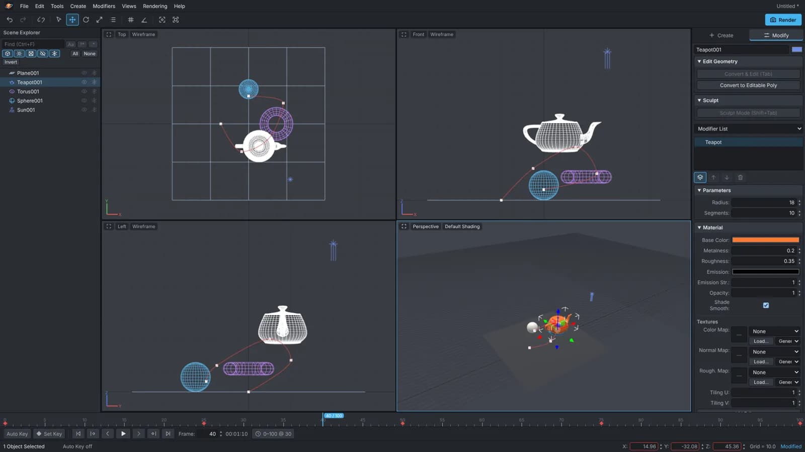 Testard 3D: quattro viewport, Scene Explorer e Command Panel