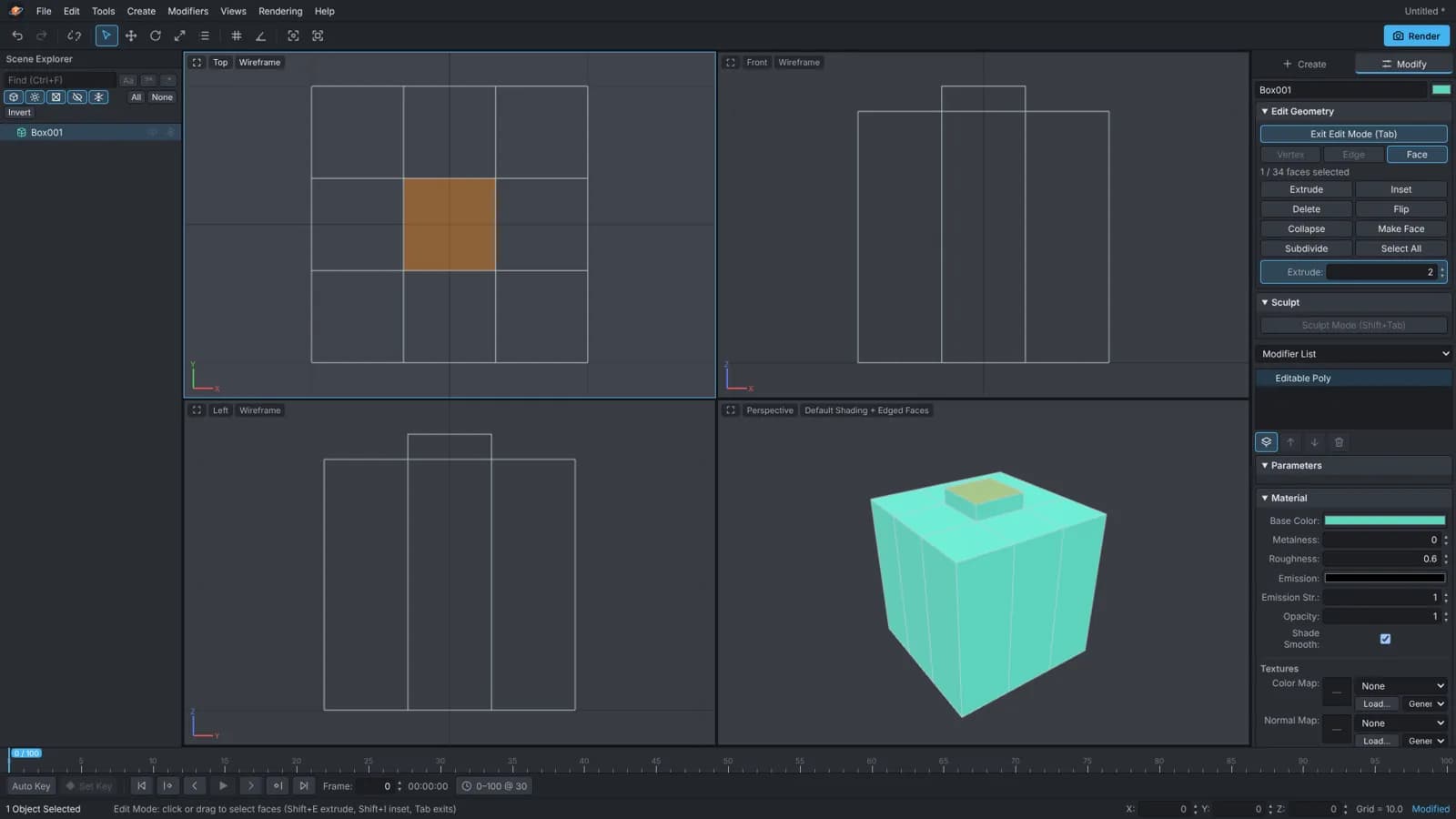 Testard 3D in Edit Mode con quattro viewport